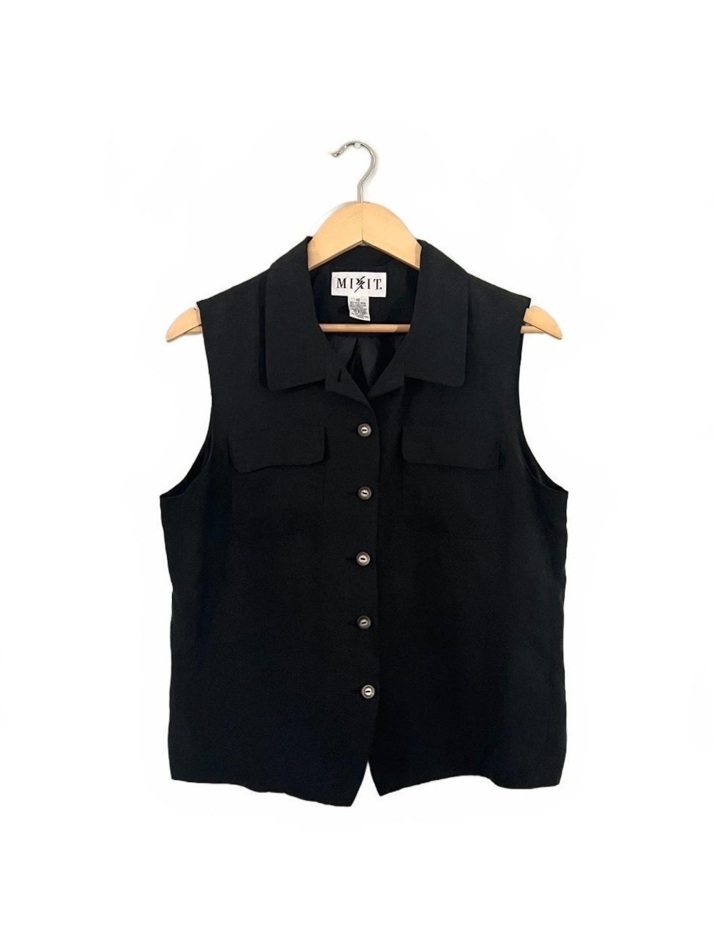 Vintage 90’s Black Silk Linen Sleeveless Button Up Shirt Minimalist Academia
